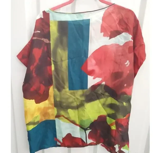 Lafayette 148 Blouse Top 100% Silk Short Sleeve Oversized Medium Multicolor